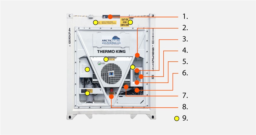 Groupe froid THERMOKING MP4000

1. Branchement 220v luminaires
2. Trappe d'aération
3. Afficheur température
4. Touche pas du controlleur
5. Coffret Thermoking
6. Coffre de rangement câble d'alimentation
7. Cordons
8. Gyrophare pour personne enfermée sonore et visuelle
9. Données générales du groupe froid