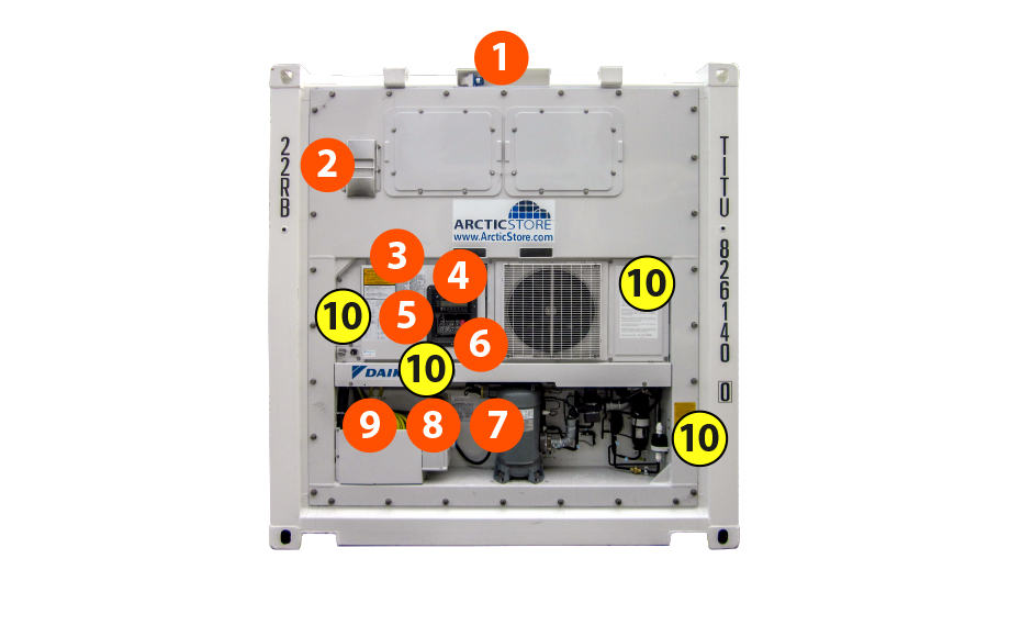 DAIKIN LXE10
1. Alimentação de energia
2. Sistema de Troca de ar
3. Instruções de operação
4. Display de Temperatura
5. Liga / desliga
6. Caixa de Controle
7. Certificado de Aprovação
8. Farol e Sirene de aviso
9. Abo de Força 380/220 e 220/240
10. Aviso de Segurança