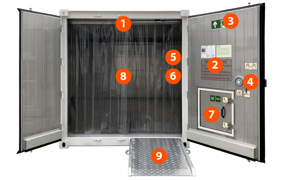 MÁQUINA DE REFRIGERAÇÃO
1. Iluminação
2. informações
3. Sinal de Alerta
4. Liberação de Porta
5. Interruptor de Luz
6. Alarme
7. Escape hatch
8. Cortina
9. Rampa